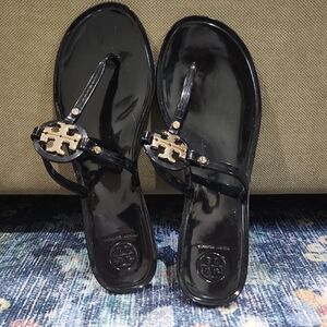 Tory Burch Black Sandals with Gold Logo